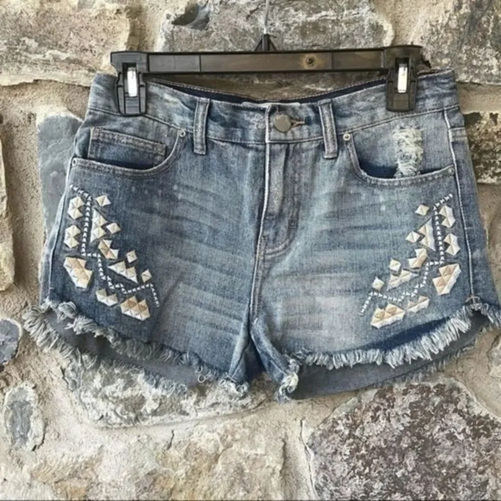 Free People Tulum Embroidered Raw Hem Denim Shorts size 25